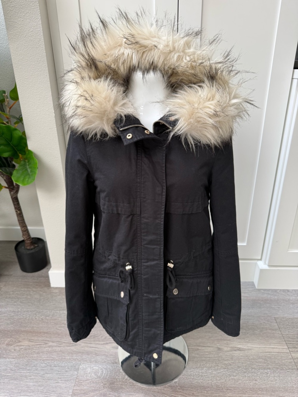 Black Utility Parka with Faux Fur Trim Hood